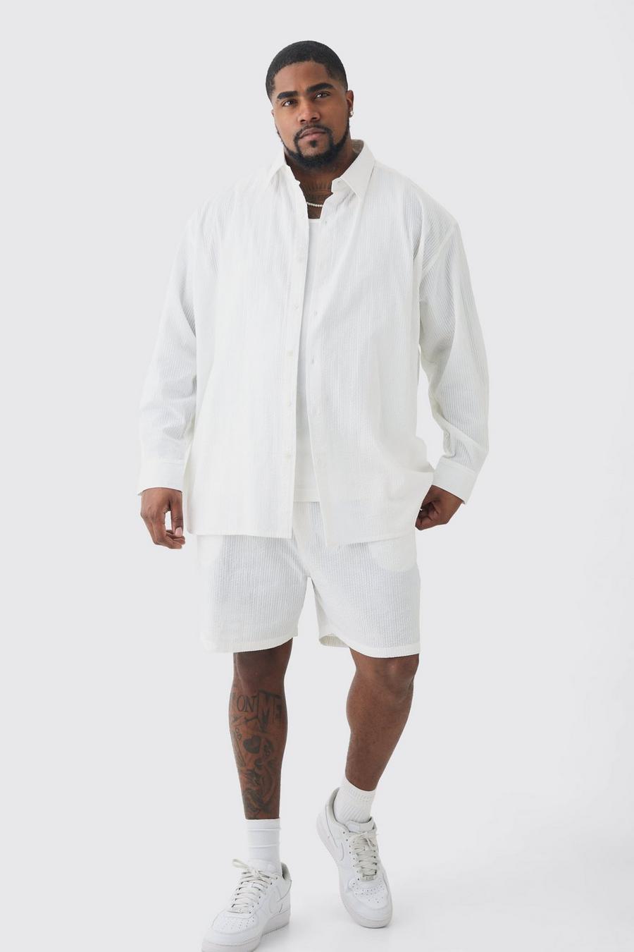 Plus Oversized Stripe Seersucker Shirt & Short Set In White