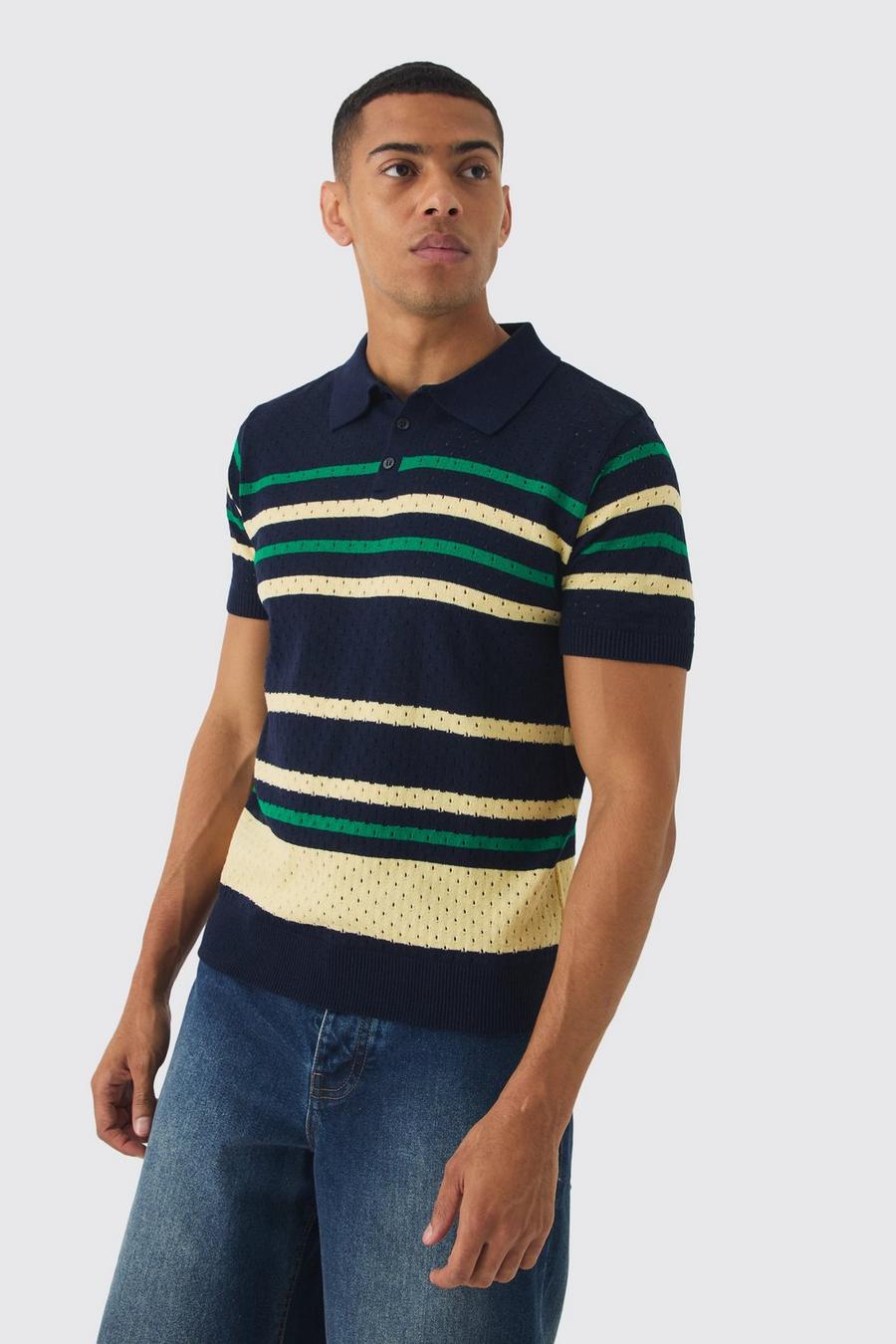 Navy Regular Fit Stripe Open Stitch Polo image number 1
