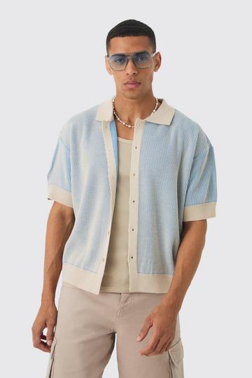 Blue Oversized Boxy Two Tone Rib Knit Shirt