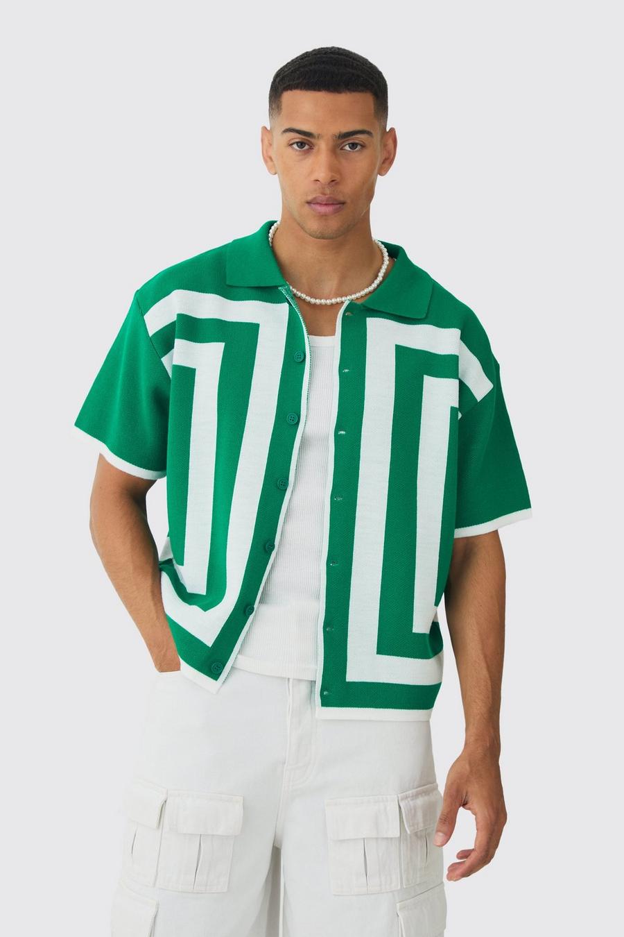 Camicia squadrata oversize in maglia con bordi e rever, Green