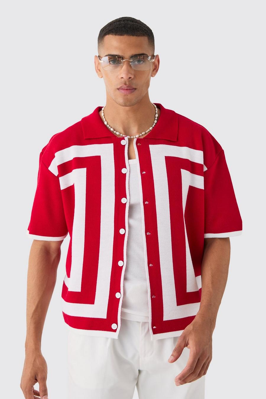 Red Oversized Boxy Boarder Knit Revere Shirt