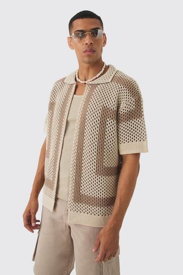 Stone Beige Oversized Boxy Open Stitch Border Knit Shirt