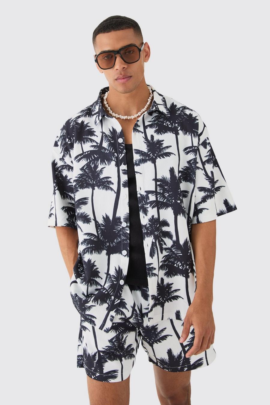 White Oversized Pleated Palm Tree Print Shirt & Short Set
