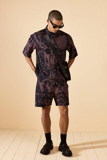 Oversized Pleated Abstract Print Shirt & Short Set chocolate