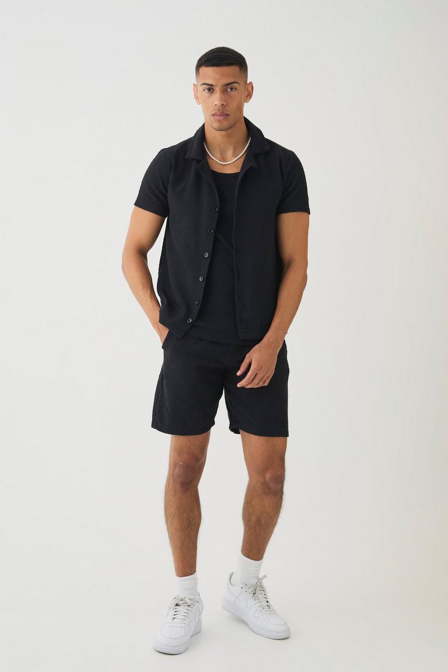 Black Jacquard Woven Shirt & Short Set