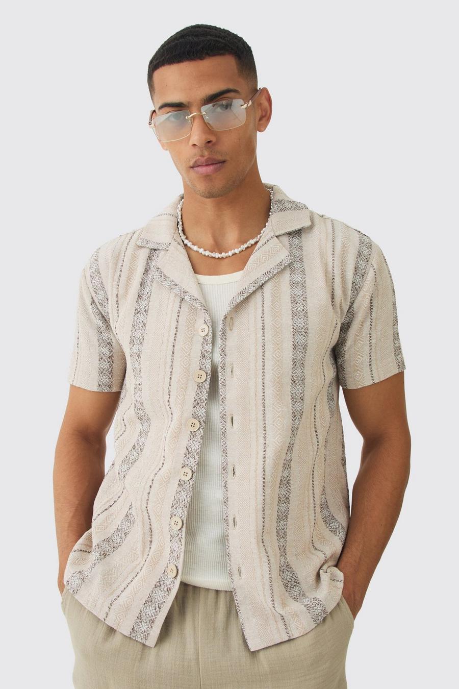 Chocolate Linen Look Revere Stripe Shirt  image number 1