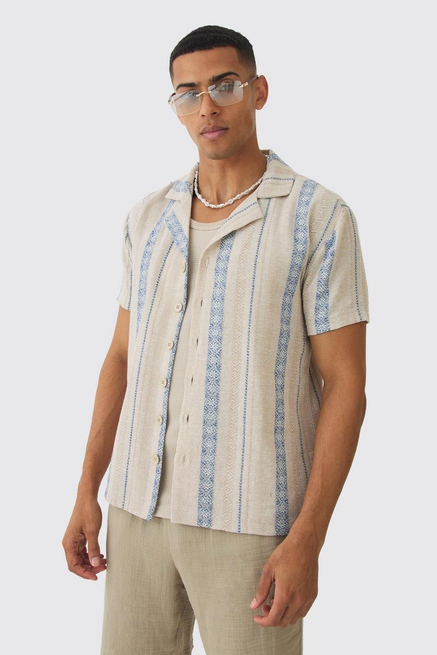 Blue Linen Look Revere Stripe Shirt image number 1