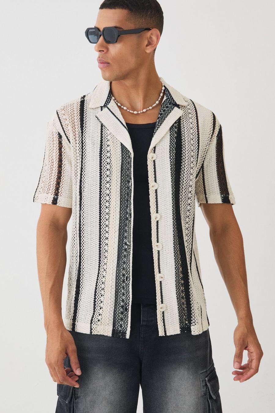 Ecru Open Weave Stripe Crochet Shirt