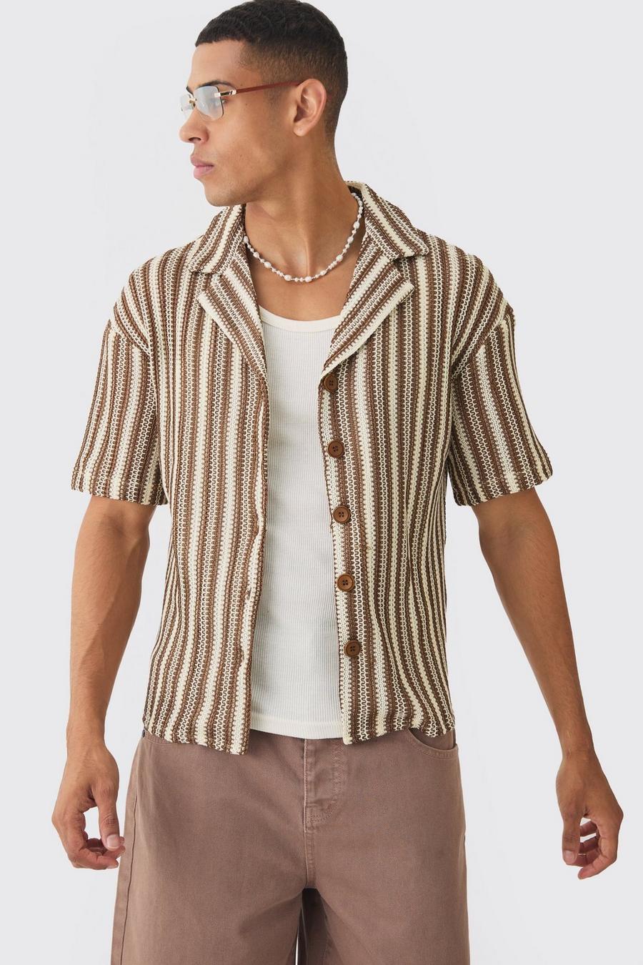 Chocolate Boxy Fit Revere Open Weave Stripe Shirt 