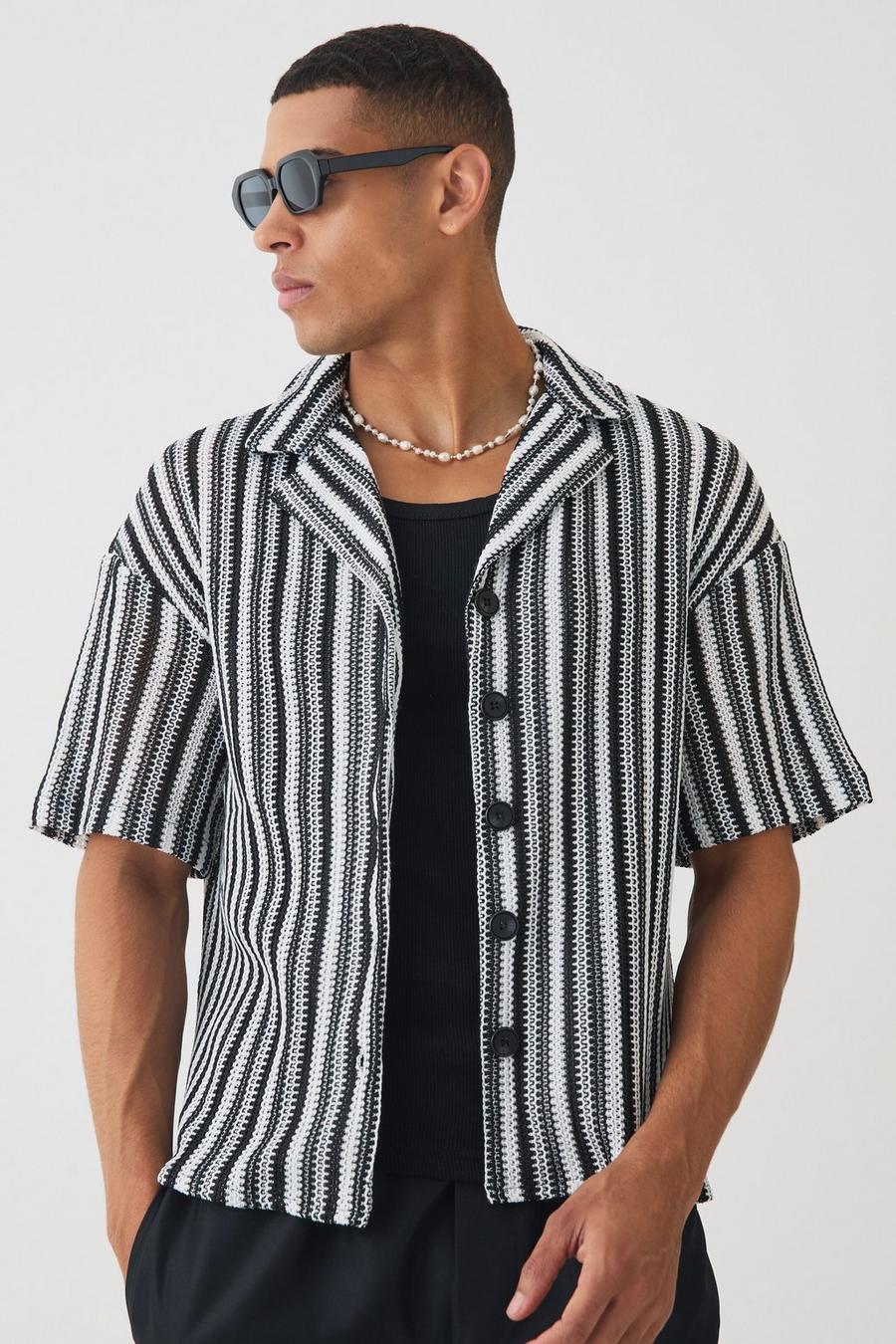 Black Boxy Fit Revere Open Weave Stripe Shirt