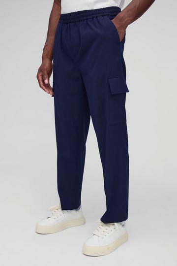 Navy Elastic Waist Straight Cropped Tailored Cargo Trousers