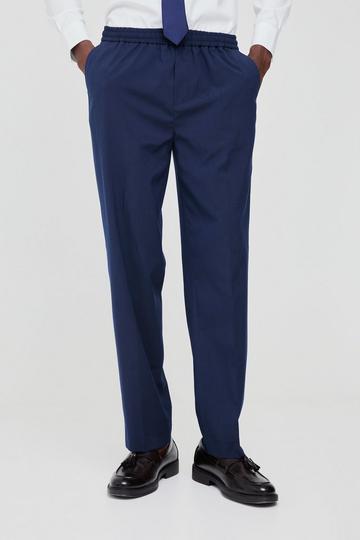 Elastic Waist Straight Fit Tailored Trousers navy