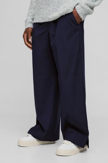 Navy Elastic Waist Split Hem Wide Leg Tailored Trousers