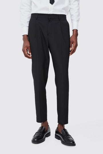 Fixed Waist Pleat Front Tapered Tailored Trousers black