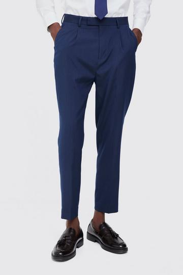 Fixed Waist High Rise Tapered Crop Tailored Trousers navy