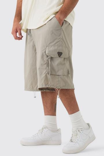 Beige Plus Crinkle Nylon Cargo Parachute Shorts In Stone