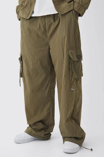 Tall Crinkle Nylon Cargo Parachute Trousers In Khaki khaki