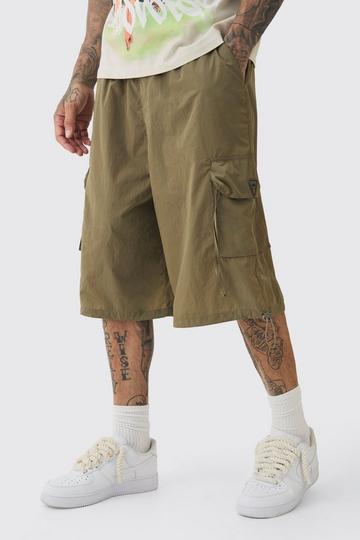 Tall Gekreukelde Nylon Cargo Parachute Shorts In Khaki khaki