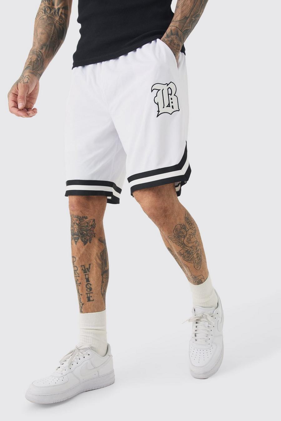 White Tall Loose Fit B Applique Mesh Basketball Shorts