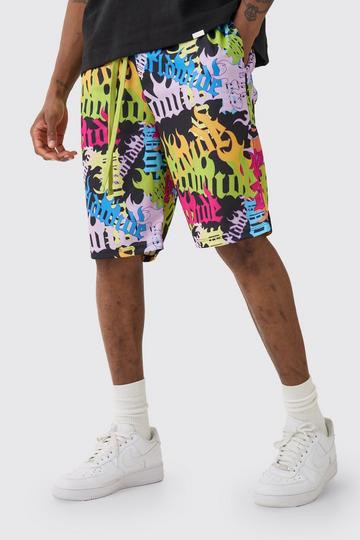 Black Tall Worldwide Graffiti Mid Length Mesh Basketball Shorts