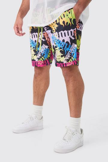 Black Plus Worldwide Graffiti Mid Length Mesh Basketball Shorts