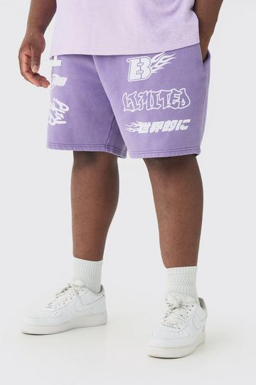 Plus Relaxed Moto Puff Print Washed Shorts purple