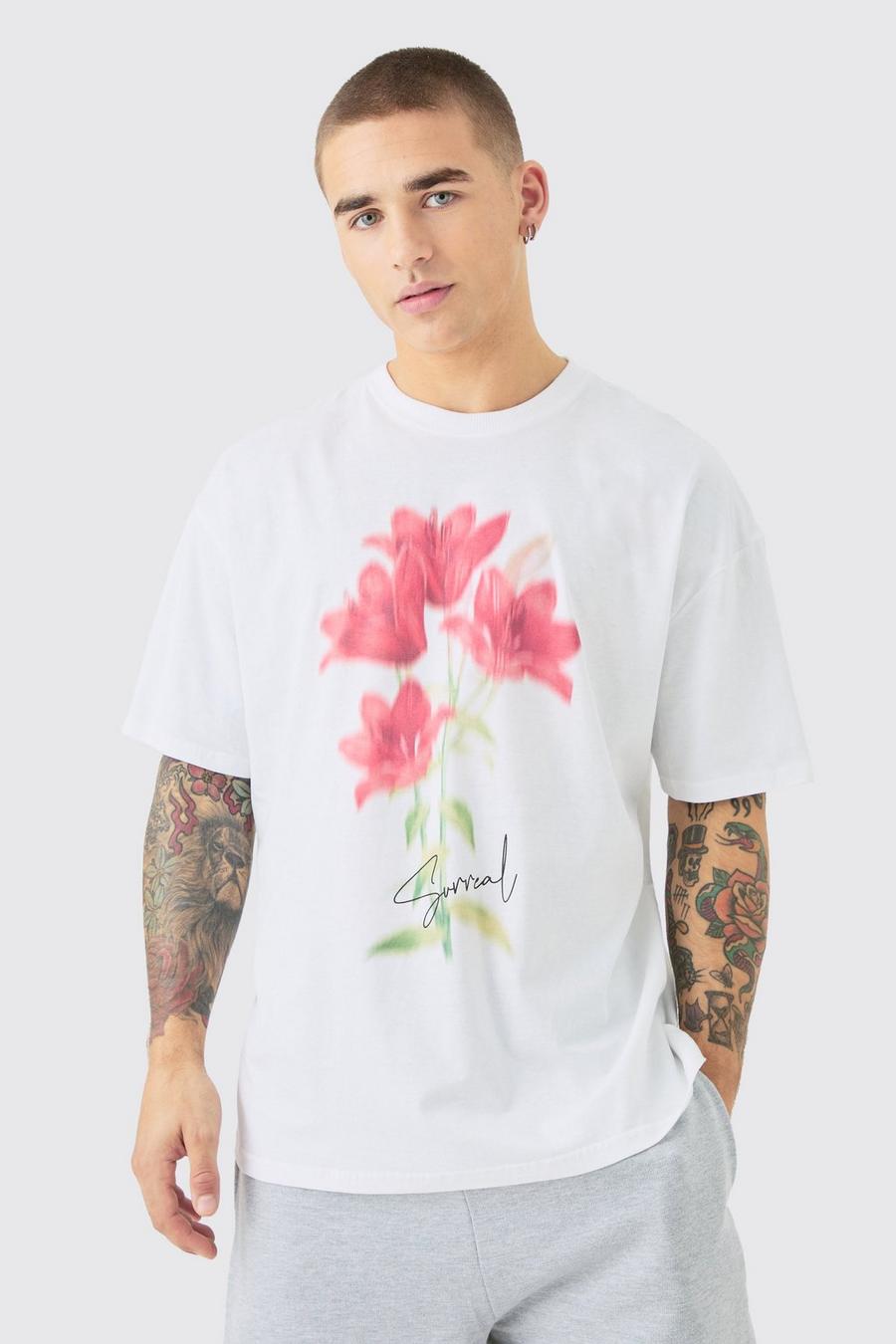 White Oversized Blurred Floral Print T-shirt