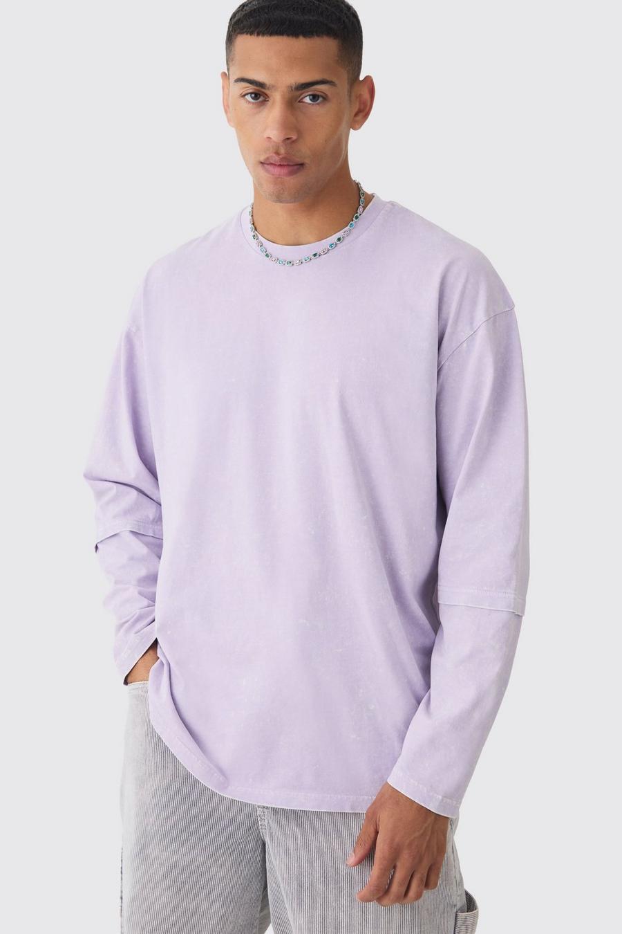 Lilac Oversized Half Faux Layer Oil Wash T-shirt image number 1