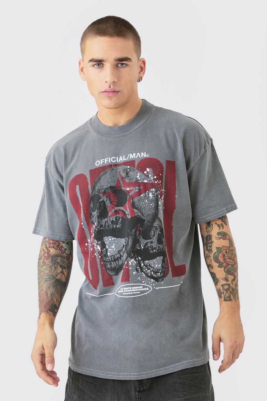 Camiseta oversize con cuello extendido y estampado Ofcl con lavado a la piedra y calavera, Charcoal image number 1
