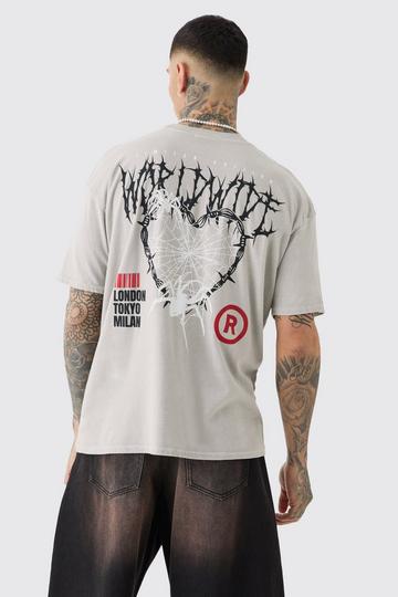 Oversized Washed Heart Web Back Print T-shirt stone