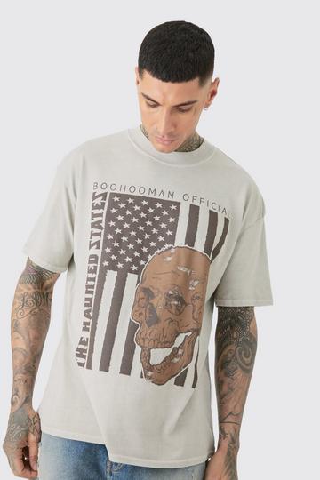 Oversized US Flag Skull Print Wash T-shirt stone