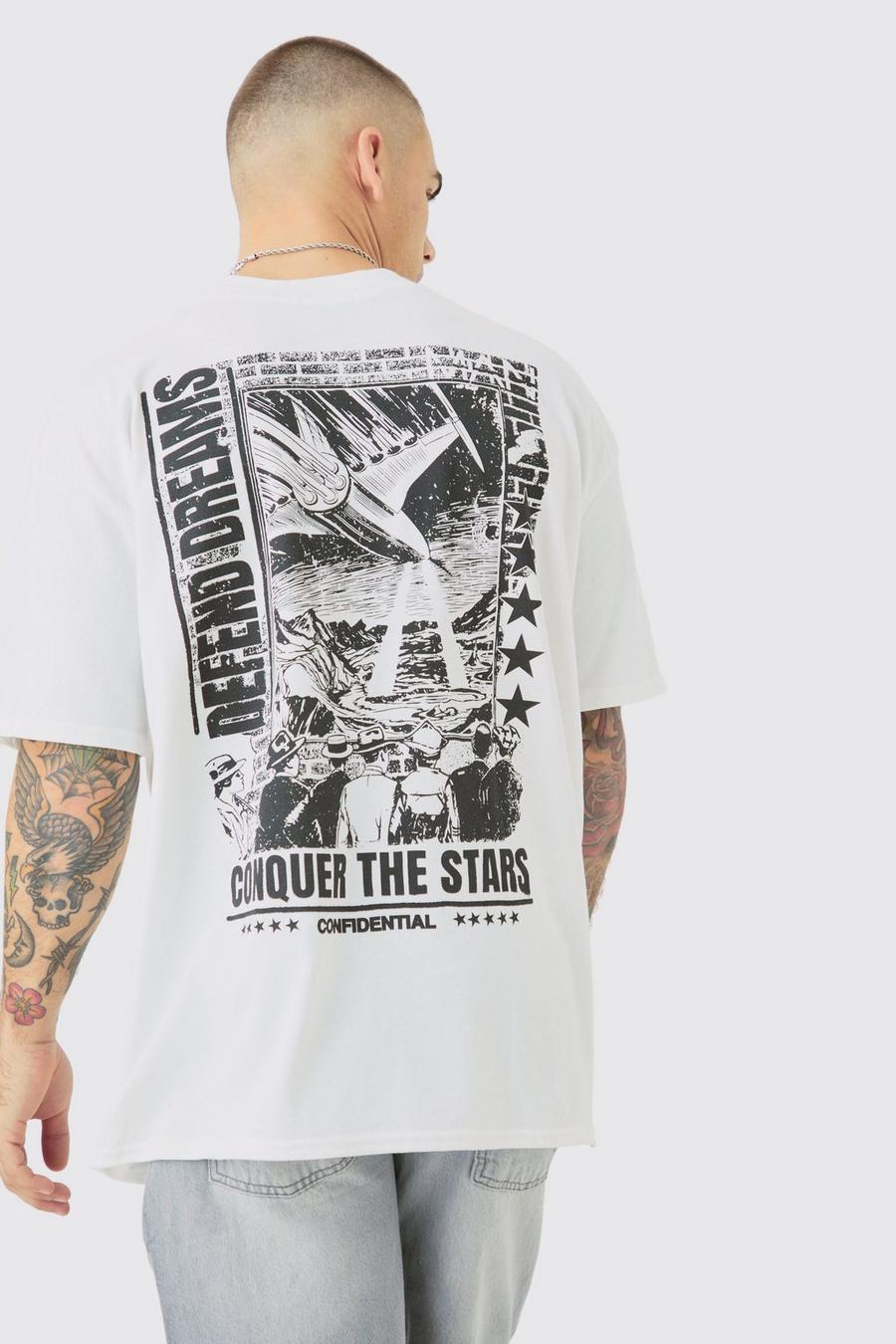White Oversized Extended Neck Conquer The Stars Back Print T-shirt image number 1