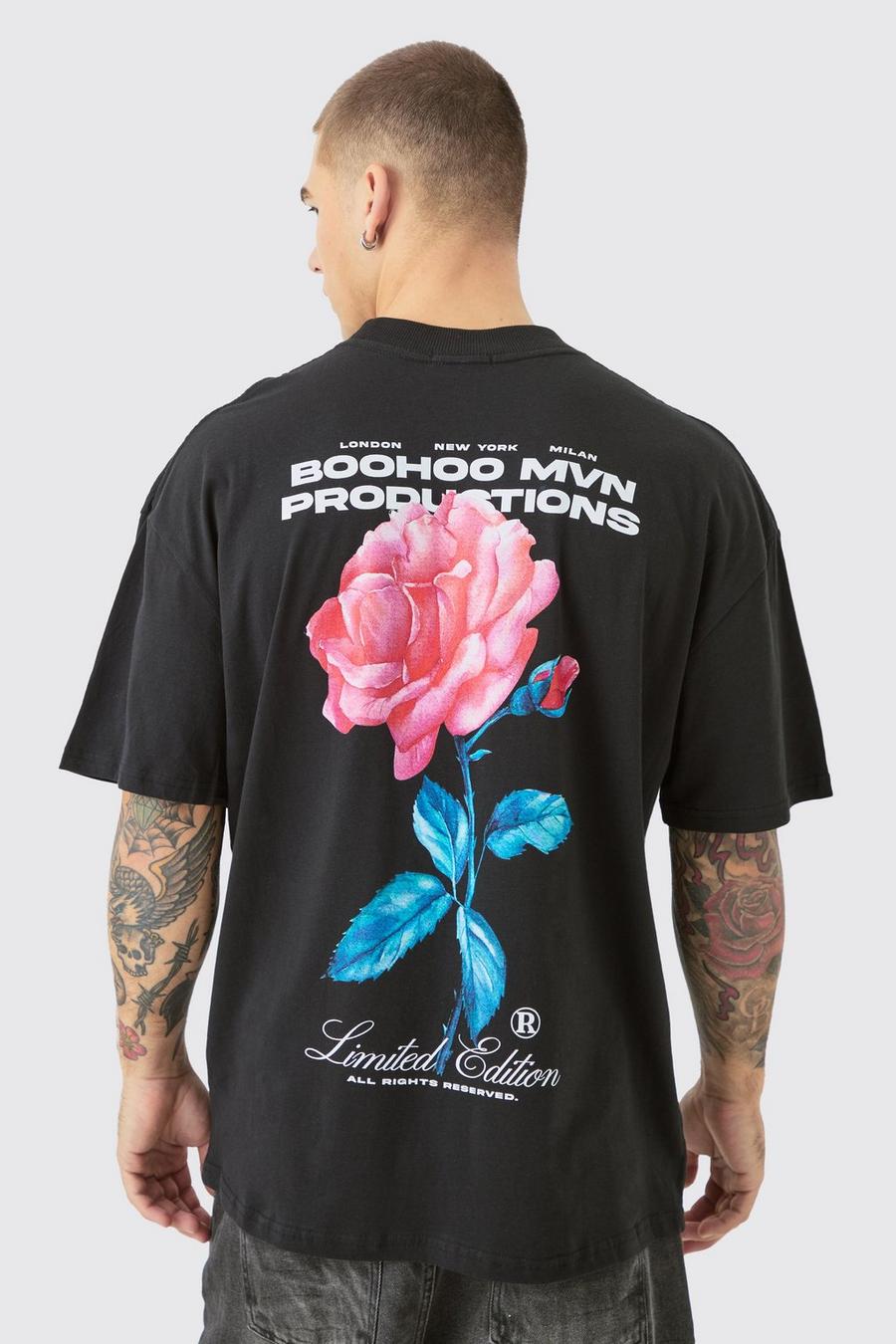 Black Oversized Extended Neck Floral Back Print T-shirt
