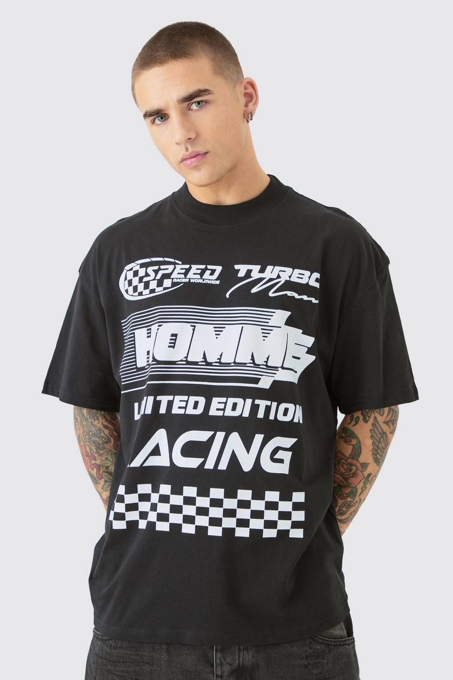 Camiseta oversize con cuello extendido y estampado Homme Moto, Black