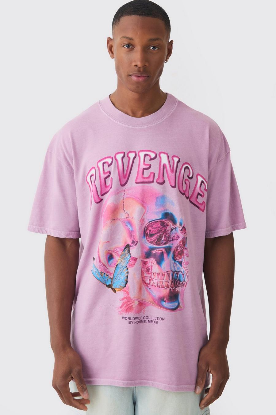 Pink Oversized Extended Neck Revenge Wash T-shirt image number 1