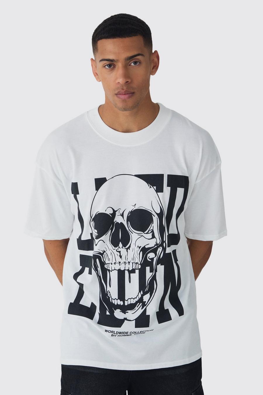 White Oversized Extended Neck Skull Graphic T-shirt