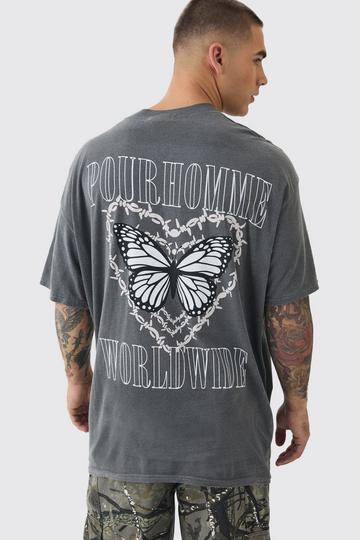 Oversized Extended Neck Butterfly Heart T-shirt charcoal