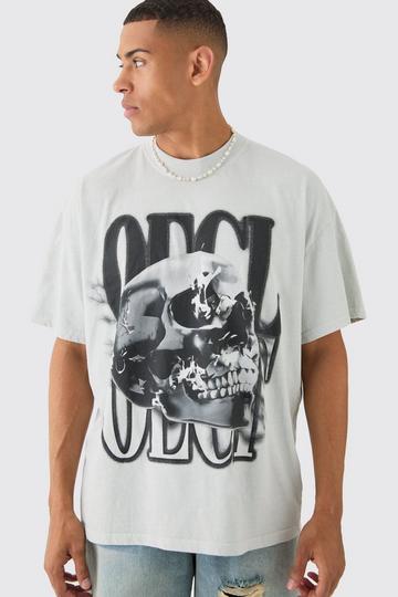 Oversized OFCL Skull Print Wash T-shirt light grey