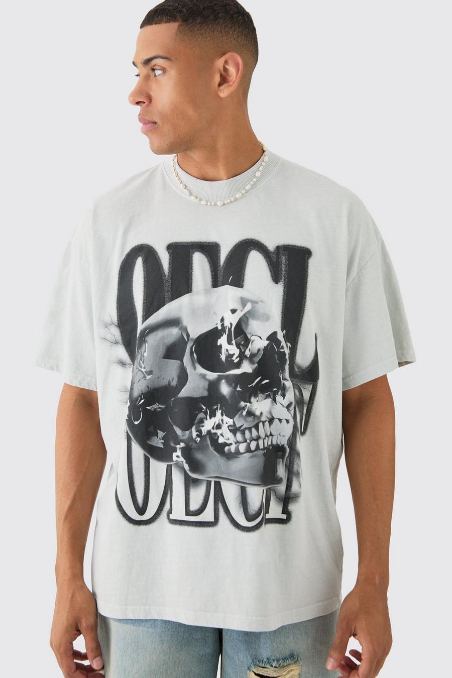 Light grey Oversized OFCL Skull Print Wash T-shirt image number 1
