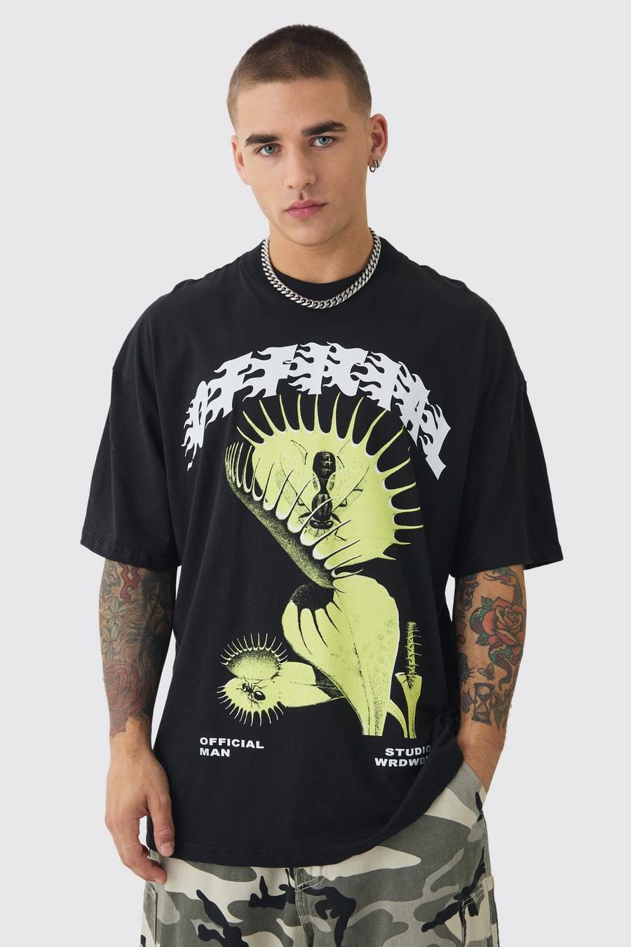 Black Oversized Flytrap T-Shirt Met Print En Brede Nek