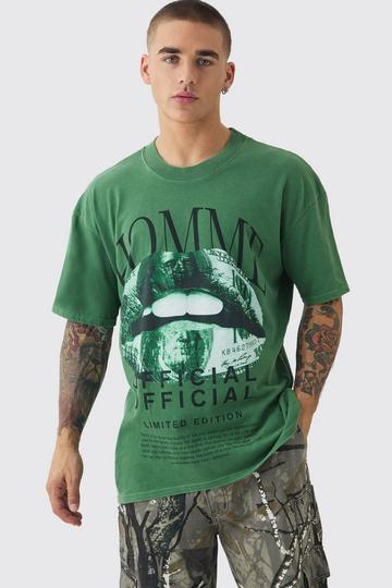 Green Loose Washed Money Lip Graphic T-Shirt