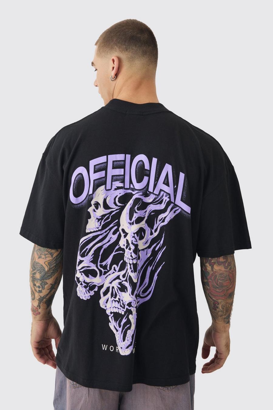 Black Oversized Skull Flame Wash T-shirt