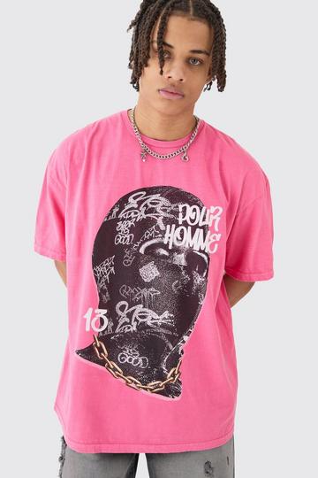 Pink Oversized Extended Neck Mask Graphic T-shirt