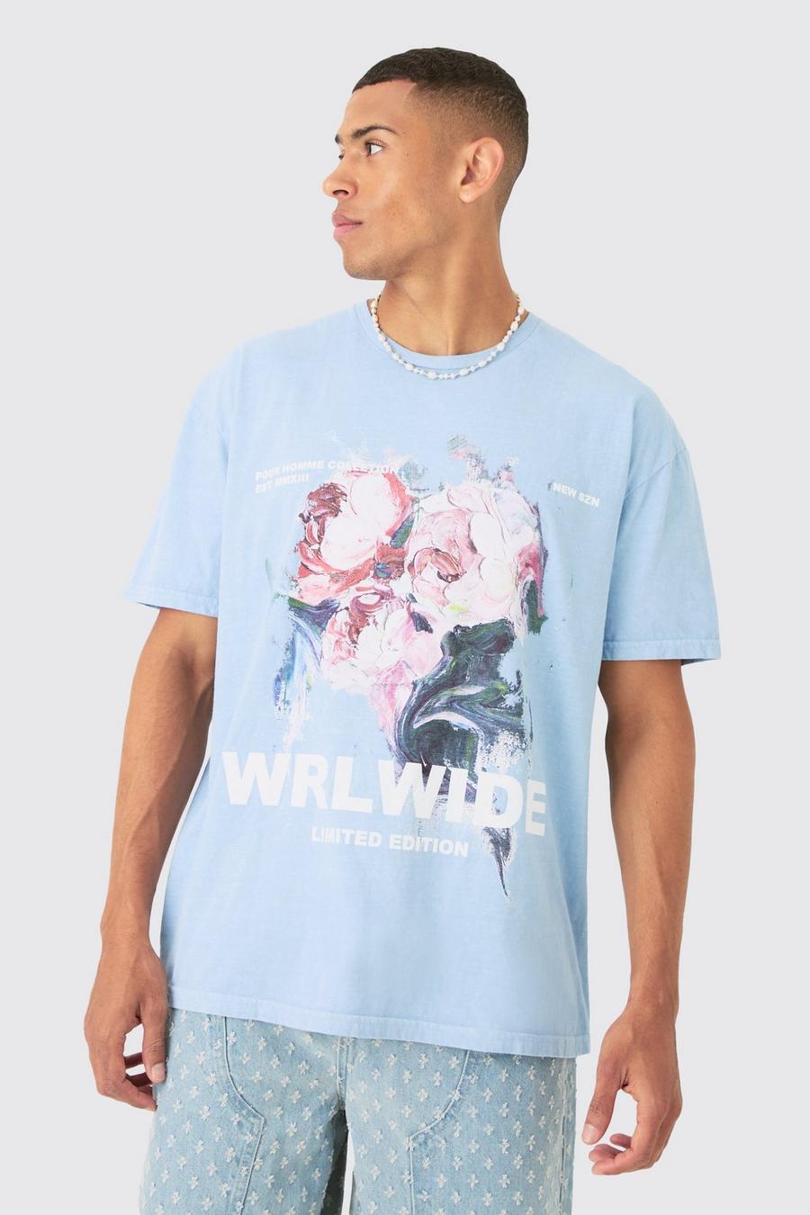 T-shirt oversize con stampa di fiori dipinti, Dusty blue