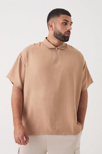 Plus Zip Up Linen Polo In Taupe taupe