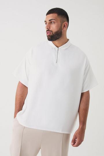 White Plus Zip Up Linen Polo In White