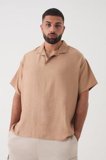 Plus Oversized Linen Revere Polo In Taupe taupe