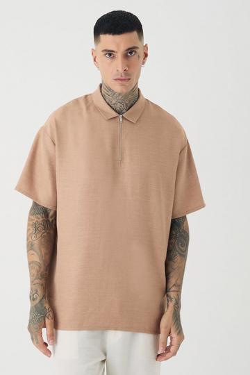 Tall Zip Up Linen Polo In Taupe taupe