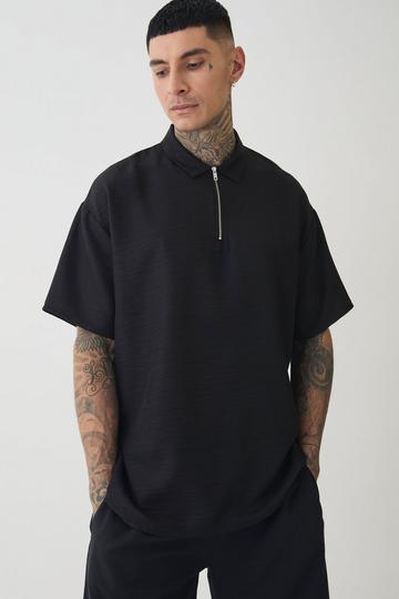 Black Tall Zip Up Linen Polo In Black