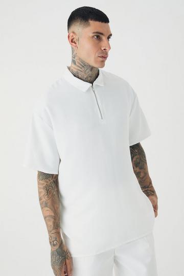 White Tall Zip Up Linen Polo In White